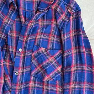 Anthropologie blue red & orange flannel shirt
